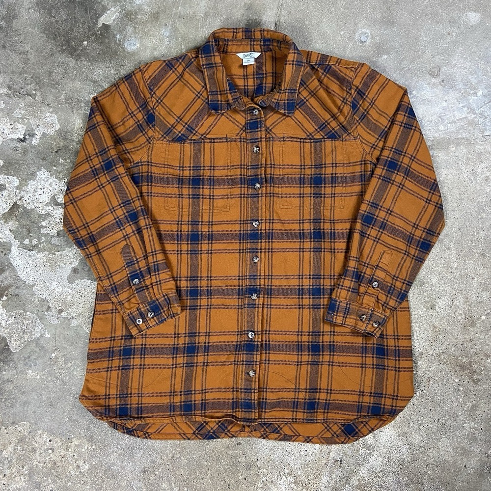 Duluth Trading Button Up Shirt Size XXL Orange Blue Plaid‎ Long Sleeve Work Wear